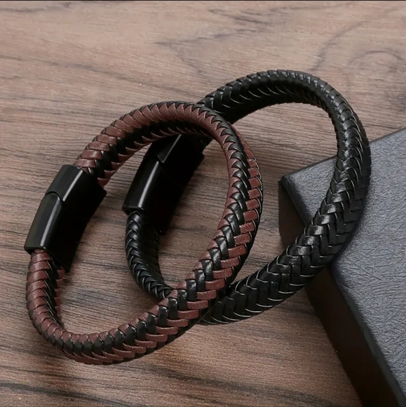 Men's Leather Open Bangle, Multi-size  Woven  Leather Hand Rope - Picture 4 of 7